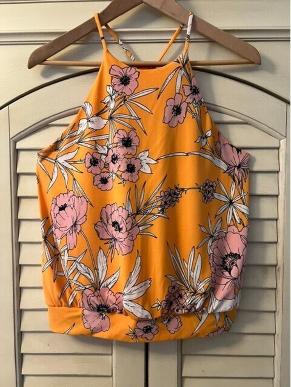 Express Yellow w/Pink and White Flowers High Neck Tank Top - Size S